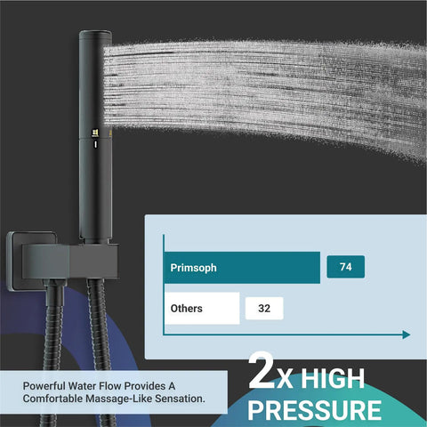 High-pressure spray from 10 Inch Rainfall Shower System With Valve And Dual Function Handheld All In One Wall Mounted Matte Black Tub Faucet Set Modern Square Trim Kit For Bathroom Renovation And Daily Spa Style