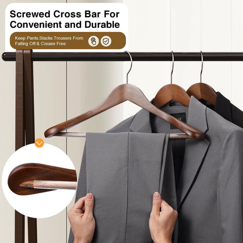 Six Pack Wide Shoulder Walnut Wooden Hangers With Heavy Duty Rotating Hooks Non Slip Pants Bar Smooth Finish Solid Wood Coat Hangers For Sweaters Jackets And Pants Built To Last And Keep Your Closet Organized