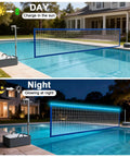 Day and night view of Pool Volleyball Net Set With LED Lights And Solar Panel For Lit Nights By The Pool Adjustable 15 to 32Foot Length Inground Pools Outdoor Backyard Water Volleyball Game Toy For Parties