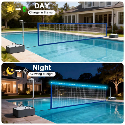 Day and night view of Pool Volleyball Net Set With LED Lights And Solar Panel For Lit Nights By The Pool Adjustable 15 to 32Foot Length Inground Pools Outdoor Backyard Water Volleyball Game Toy For Parties