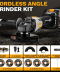 Badass 4 5 Inch Cordless Angle Grinder With 20V Brushless Motor And Dual Batteries Plus Charger, showing tool and accessories.