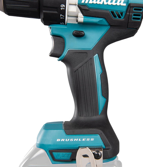 Close-up view of the handle on the Top Shelf 18V Lithium Ion Brushless Drill Driver With Electric Brake Led Work Light And 21 Torque Settings.