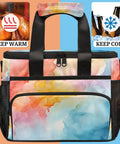 Colorful insulated picnic backpack lunch bag for women and men, showing keep warm and keep cold features, vibrant design