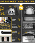Comparison of Travel Bike Storage Shed Tent With 40 Percent More Top Space Waterproof Portable Bike Shelter highlighting features like lockable design, thick Oxford cloth, and 9.5mm poles against a conventional non-waterproof, non-lockable structure.