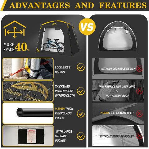 Comparison of Travel Bike Storage Shed Tent With 40 Percent More Top Space Waterproof Portable Bike Shelter highlighting features like lockable design, thick Oxford cloth, and 9.5mm poles against a conventional non-waterproof, non-lockable structure.