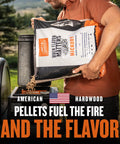 Man pouring wood pellets into Woodridge Pro Electric Wood Pellet Grill And Smoker For Backyard Grillin With 970 Sq In Cooking Area