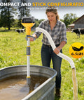 Woman using 20V Battery Powered Water Transfer Pump Cordless Go Anywhere Stick Pump With 37 Inch Hose And Detachable Rod 800 GPH Portable Water Pump for livestock tank.