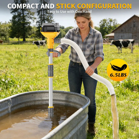 Woman using 20V Battery Powered Water Transfer Pump Cordless Go Anywhere Stick Pump With 37 Inch Hose And Detachable Rod 800 GPH Portable Water Pump for livestock tank.