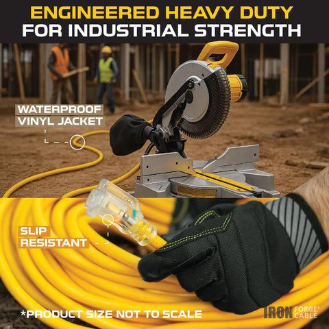 Heavy Duty 10 Gauge Outdoor Extension Cord 10 Ft Two Pack Yellow SJTW Weatherproof 3 Prong 15 Amp with saw on job site