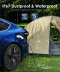 Rugged Portable EV Charger With China GBT To CEE Blue Commando Plug Adapter Solid 32A 7KW charging under rain near tent.