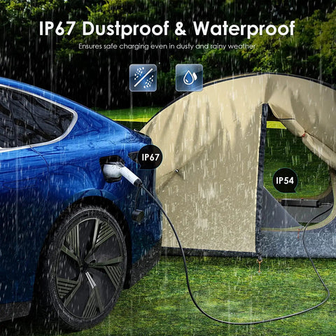 Rugged Portable EV Charger With China GBT To CEE Blue Commando Plug Adapter Solid 32A 7KW charging under rain near tent.