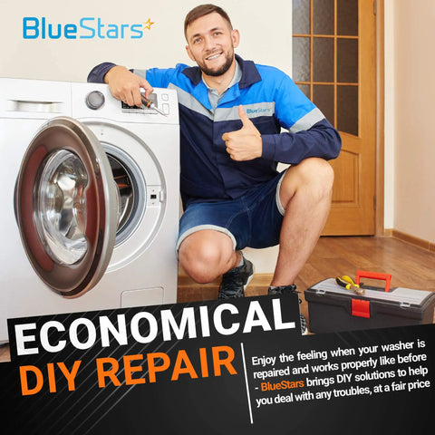 Man kneeling next to a front-load washer for repair with a toolbox, promoting Washer Drain Pump And Core Motor Coupling Kit for Whirlpool.