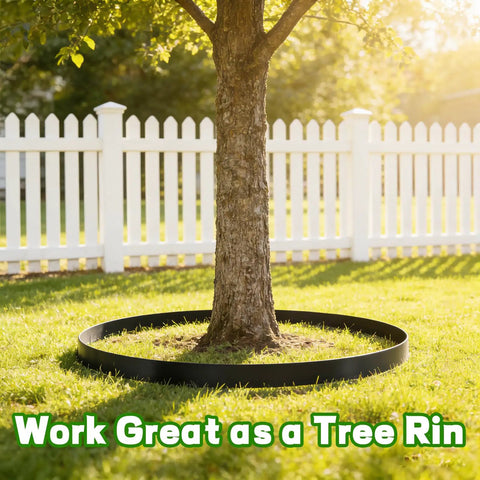 4 Inch Tall Landscape Edging Kit, 100 Ft Flexible Lawn Border With 99 Anchoring Spikes around tree trunk in sunlit garden