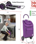 Purple Foldable Shopping Cart With Wheels And Removable Bag for groceries and beach trips next to a woman folding it in a laundry room.