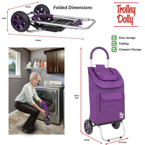 Purple Foldable Shopping Cart With Wheels And Removable Bag for groceries and beach trips next to a woman folding it in a laundry room.