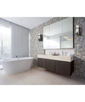 Bathroom with Holbrook One Light Sconce in Oil Rubbed Bronze with Clear Blown Glass Transitional Wall Fixture, mirrored wall