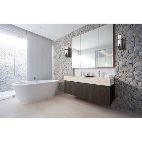 Bathroom with Holbrook One Light Sconce in Oil Rubbed Bronze with Clear Blown Glass Transitional Wall Fixture, mirrored wall