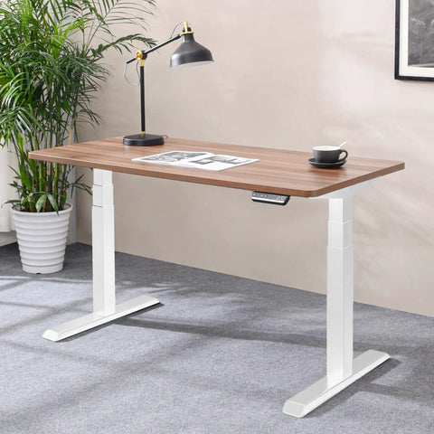 Fromann Dual Motor Standing Desk Frame With 3 Tier Legs Electric Height Adjustable Base For Home And Office White with wood top.