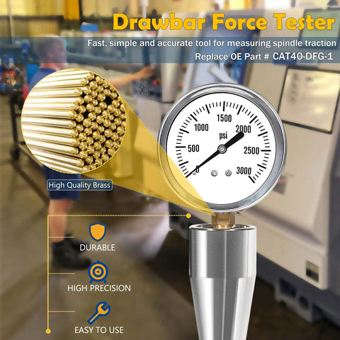 Drawbar Pull Gauge For CNC Spindles Direct Readout 0 To 3000 Lbs Five Eighths Inch Eleven Thread Retention Knob Works On CAT40 And BT40 CNC Machines Heavy Duty Spindle Pull Test Meter For Precise Readings, brass gauge dial