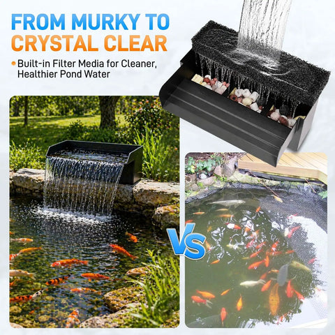 All In One Pond Waterfall Kit With LED Light And 12 Inch Stainless Spillway 880 GPH 45W Pump Filter Media Bag in use
