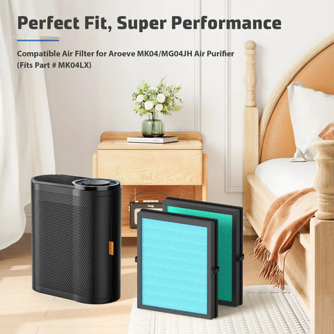 Bedroom setting with air purifier and 2 Pack MK04 Air Filter Replacement for Aroeve MG04JH MK04 Purifier on bedside table.
