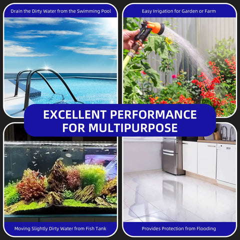 Collage showing Half Horsepower Submersible Sump Pump For Pool Draining and garden irrigation applications.