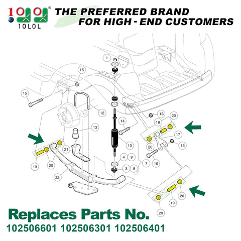 Complete Rear Leaf Springs And Shackles Bushing Sleeve Kit For Club Car Precedent Golf Cart installation diagram with parts labeled