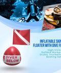 Composite image of a Red Diver Below Inflatable Signal Floater with Dive Flag and diving gear, highlighting water safety.