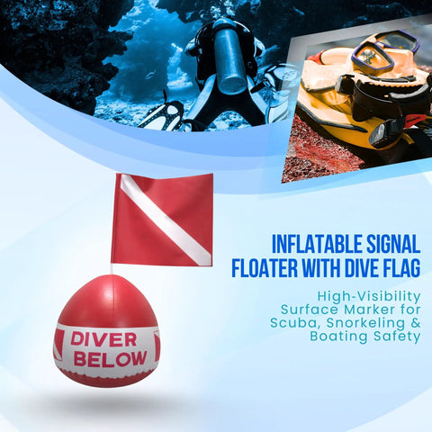 Composite image of a Red Diver Below Inflatable Signal Floater with Dive Flag and diving gear, highlighting water safety.