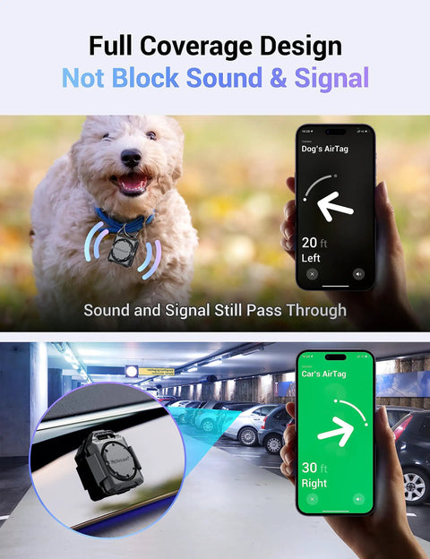 AirTag Holder Case with Key Ring and 3M Mount on dog collar and car, IPX8 waterproof design, allowing sound and signal pass through.
