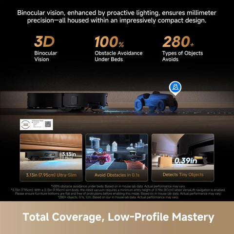 X60 Max Ultra Complete Robot Vacuum And Mop Slim 3.13In Ultra Thin Design With 35000Pa Suction shown under furniture next to toy car