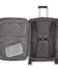 Open view of Carry On Soft Side Expandable 21 Inch Element Suitcase with multiple interior pockets and 360 spinner wheels.