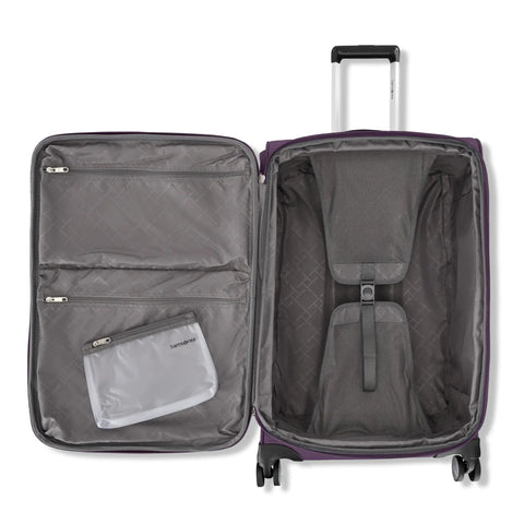 Open view of Carry On Soft Side Expandable 21 Inch Element Suitcase with multiple interior pockets and 360 spinner wheels.