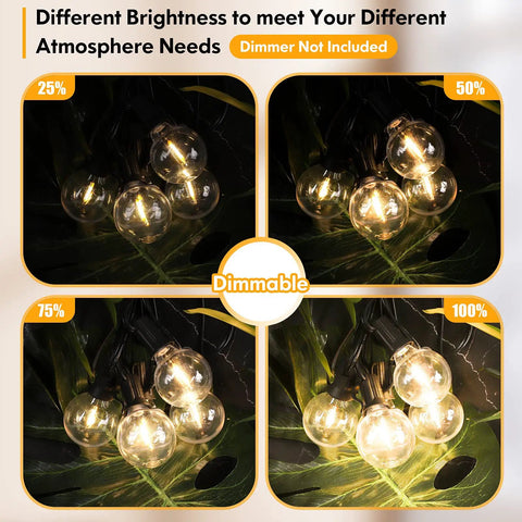 100Ft Outdoor String Lights Two Pack 50Ft Each With Shatterproof G40 Dimmable Bulbs showing different brightness levels