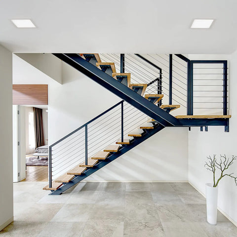 8 Inch Square Slim Recessed LED Downlight, 5 Selectable Color Temperatures, 1600 Lumens, No Sweat Switch Install, Top Shelf White Trim installed in modern staircase.
