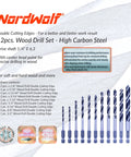 Front view: NordWolf 12-piece brad-point wood drill bit set with 1/4 in hex shank, SAE 1/8–1/2 in sizes