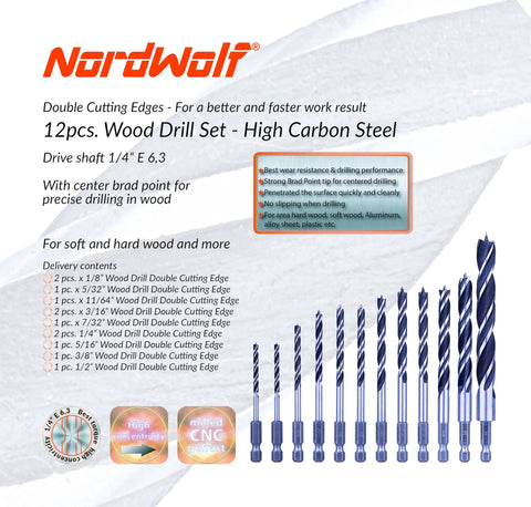 Front view: NordWolf 12-piece brad-point wood drill bit set with 1/4 in hex shank, SAE 1/8–1/2 in sizes