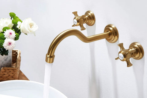 Antique Style Wall Mount Bathroom Faucet With Two Handles, Gold Brushed Finish, Solid Brass Construction, Retro Vibe