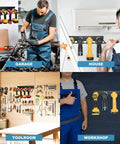 Heavy Duty Drill Storage Rack 2 Pack Wall Mounts that hold four drills, seen installed in garage, house, toolroom, and workshop.