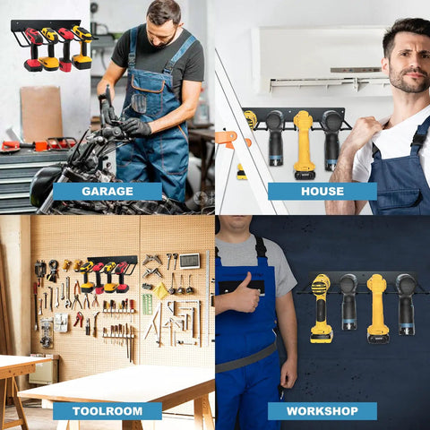 Heavy Duty Drill Storage Rack 2 Pack Wall Mounts that hold four drills, seen installed in garage, house, toolroom, and workshop.