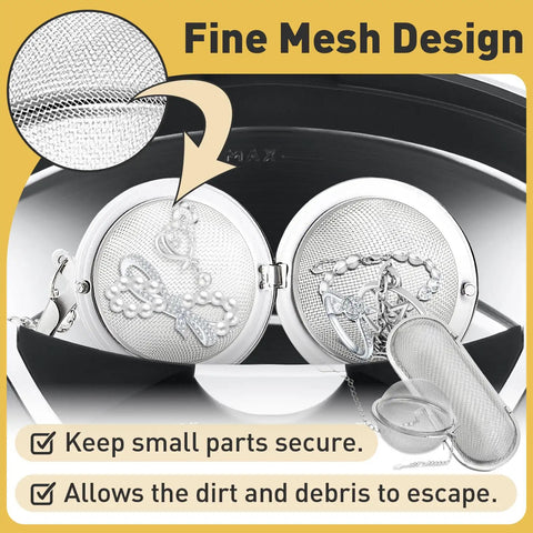 Heavy Duty Stainless Steel Cleaning Basket Two Pack Perfect For Ultrasonic Cleaner Small Parts And Jewelry No Sweat Washing Tray showcasing fine mesh design with jewelry inside.