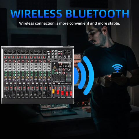 12 Channel Audio Mixer for Live DJing and Studio Use, 99 DSP Effects and 7 Band EQ, Digital DJ Console with wireless Bluetooth feature.
