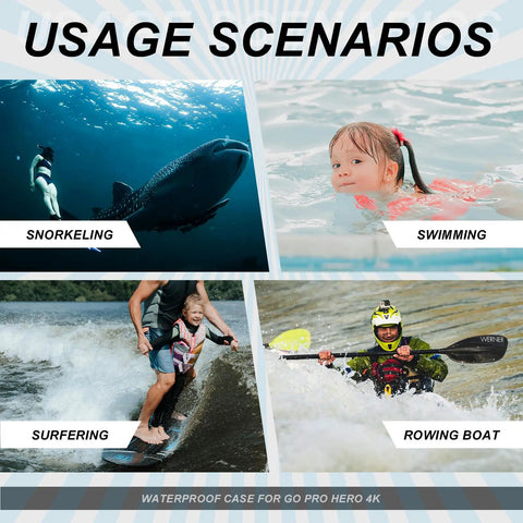 Collage of snorkeling, swimming, surfing, and rowing boat showing uses for the Waterproof Case For Hero 4K Action Camera With 196FT 60M.