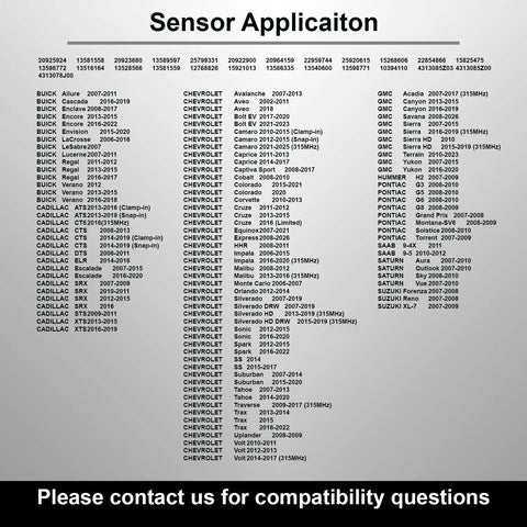 Sensor application chart for Preprogrammed Tpm Tire Pressure Sensors 315Mhz 4 Pack Clamp In Style for American vehicles.