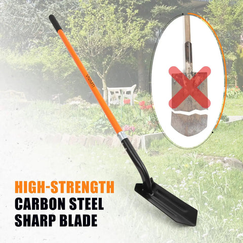 Heavy Duty Trench Shovel For Digging With A 4 Inch Steel Blade And Fiberglass Handle 56 Inch Long Digging Tool displayed in garden
