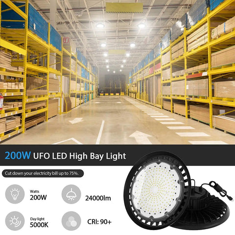 UFO LED High Bay Light 200W 24000 Lumen 5000K Waterproof IP65 warehouse fixture, illuminated warehouse shelves, US plug shown
