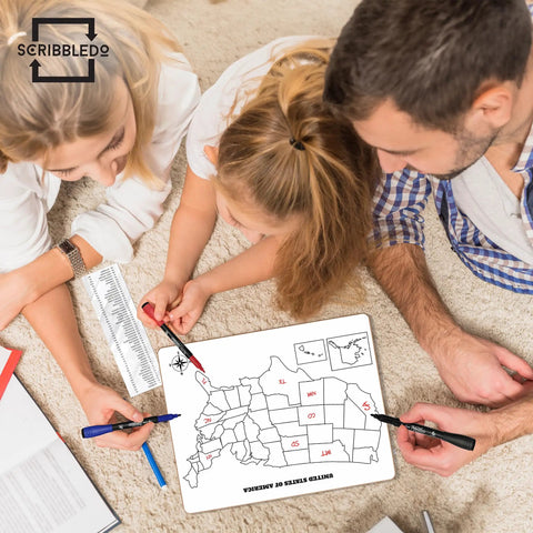 Family using United States Map Dry Erase Whiteboard For Classroom 11x14 Kid Friendly Travel USA Learning Tool on floor