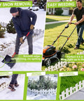 Man shoveling snow and mowing lawn beside No Dig Plastic Garden Edging Border Kit with 90 Flexible Stakes White Picket Fence Style 50 Ft