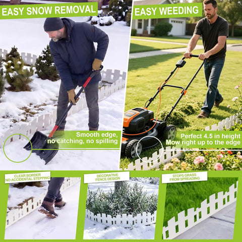 White Picket Fence Garden Edging Border 33 Foot Long Easy Install with 60 Flexible Stakes No Dig Plastic Edging for Landscaping