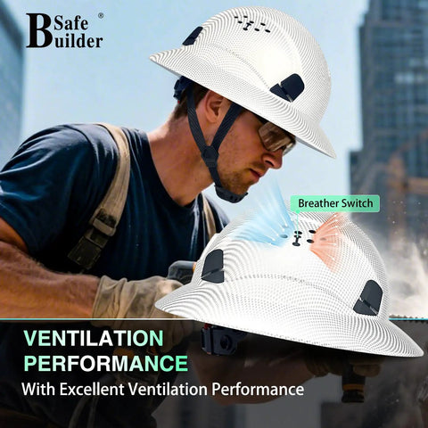 Worker wearing Full Brim Hard Hat With Vented Design Adjustable Fit Lightweight Construction Safety Helmet With Sunshade Built For The Job Site